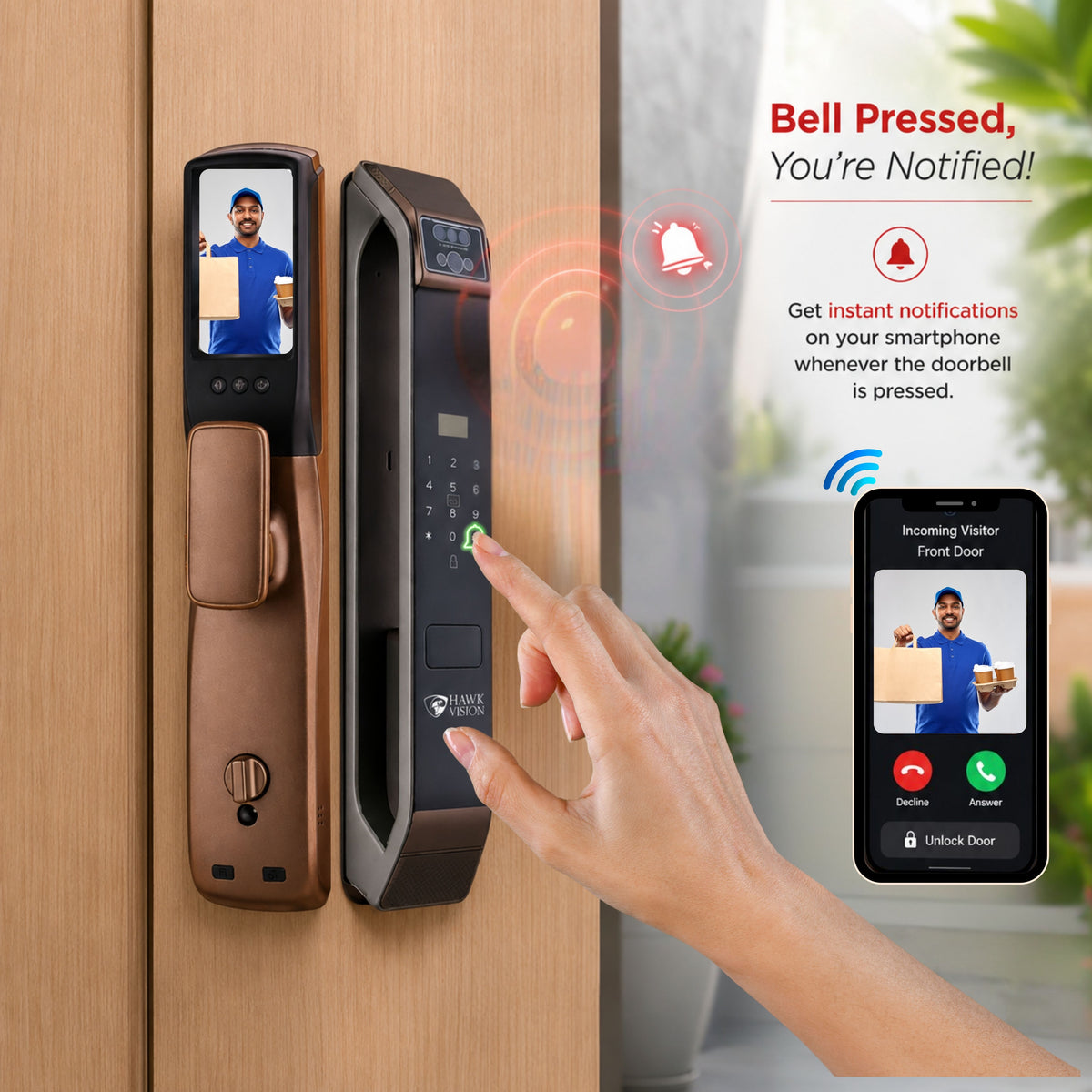 HV-SDL-F70-M Smart Door Lock with Palm, Face, Fingerprint, Card, Password, Key & HawkSmart App Access