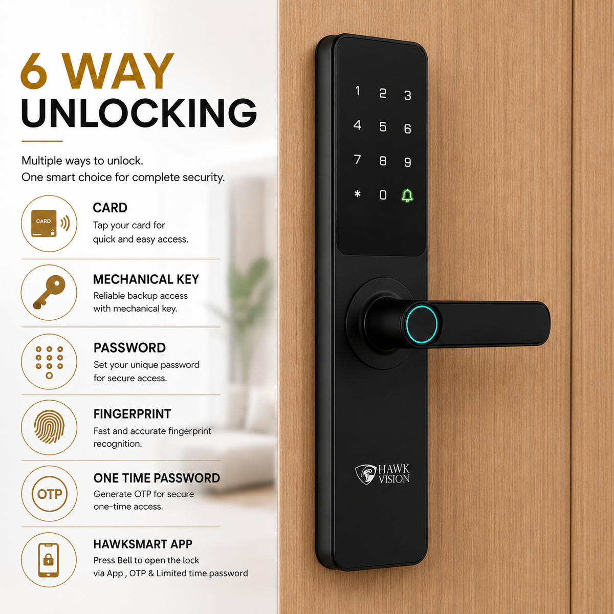 Hawk Vision HV-SDL-F23 Smart Door Lock with Fingerprint, Card, Password, Key & HawkSmart App Access