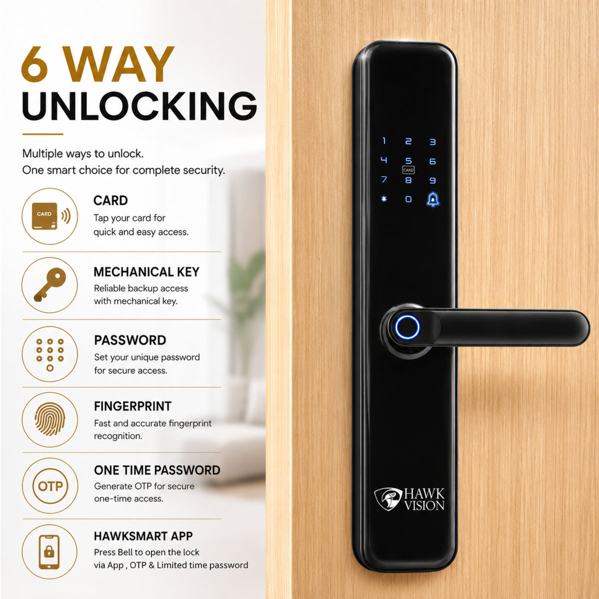 Hawk Vision HV-SDL-F52-A Smart Door Lock with Fingerprint, Card, Password, Key & HawkSmart App Access