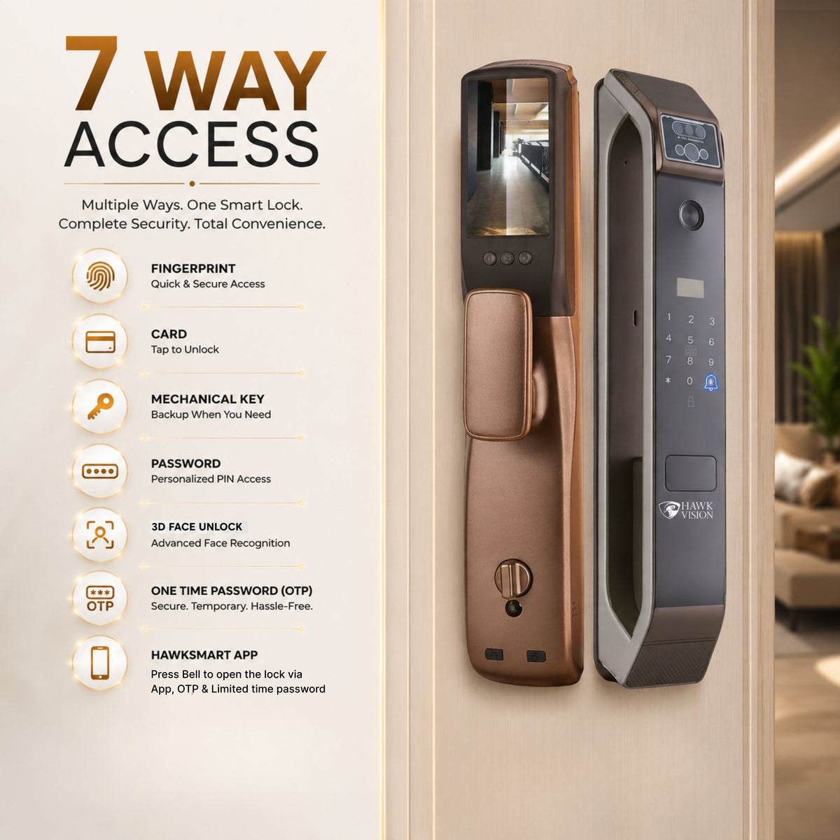 HV-SDL-F70-M Smart Door Lock with Palm, Face, Fingerprint, Card, Password, Key & HawkSmart App Access