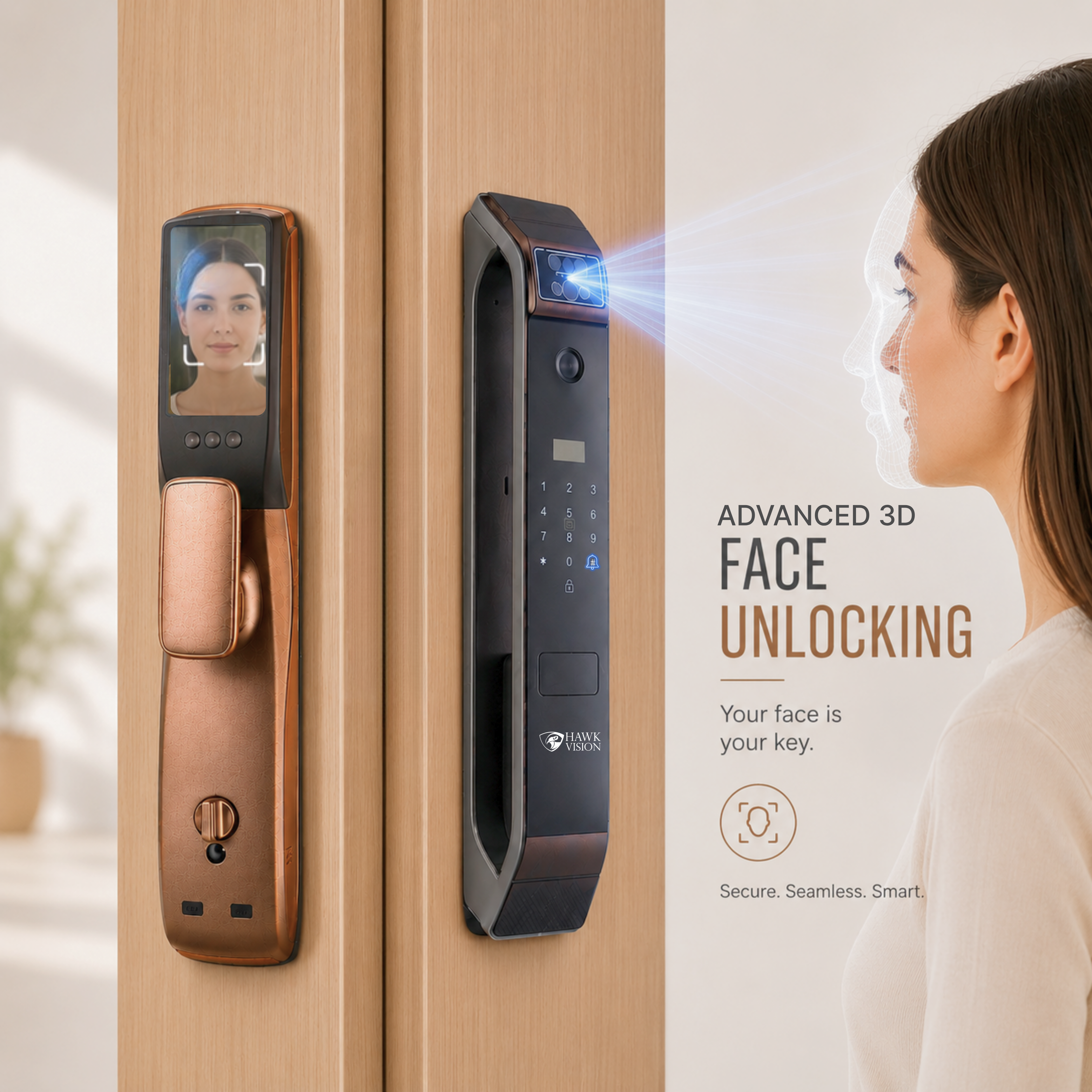 HV-SDL-F70-M Smart Door Lock with Palm, Face, Fingerprint, Card, Password, Key & HawkSmart App Access