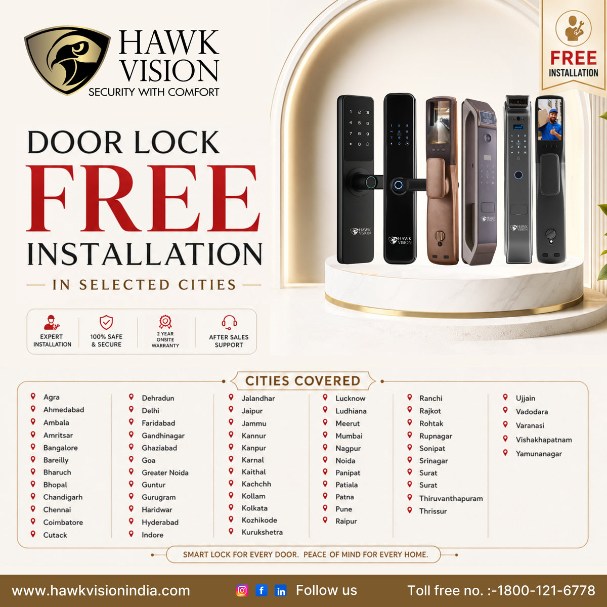Hawk Vision HV-SDL-F23 Smart Door Lock with Fingerprint, Card, Password, Key & HawkSmart App Access